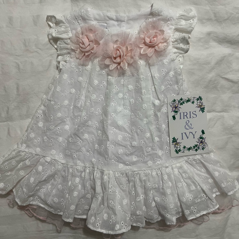NWT Iris & Ivy Elegant White Dress with Subtle Floral Design. Size 12M.